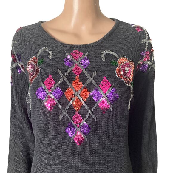 Vintage Victoria Jones Christmas Sweater Womens Sm Black Purple Beaded Sequins - Picture 6 of 13